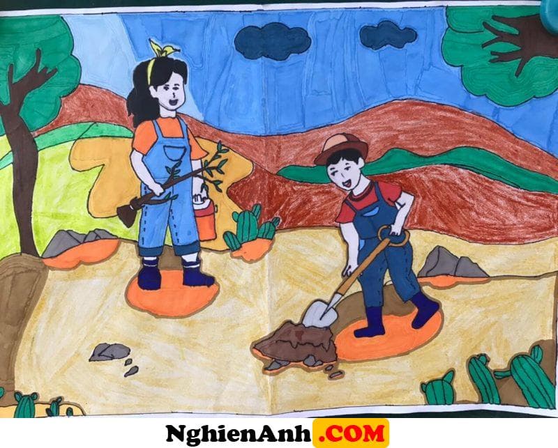 Vẽ tranh thiếu nhi làm nghìn việc tốt trồng cây gây rừng của em học sinh