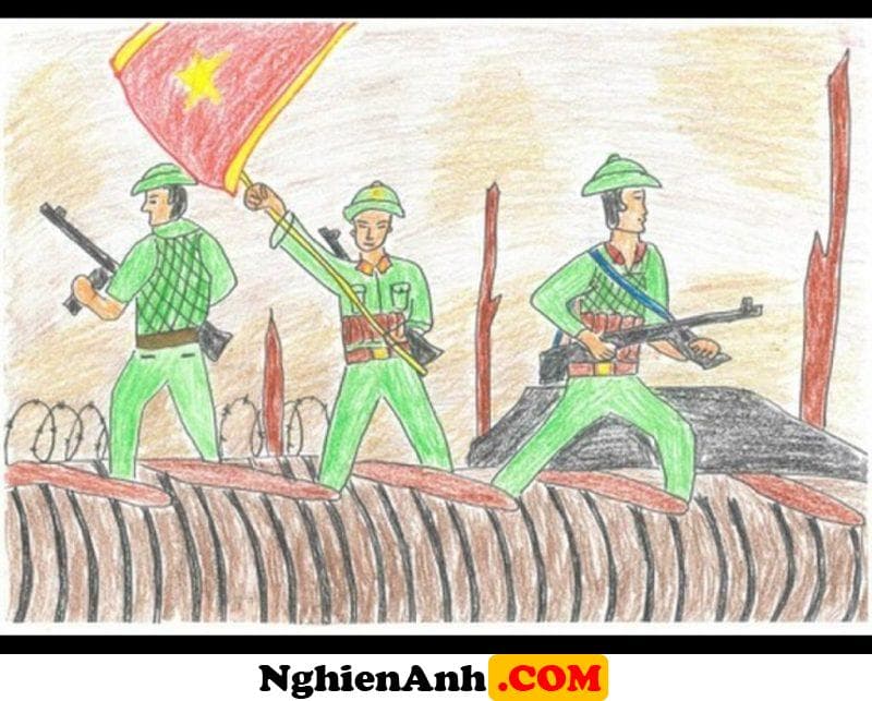 Vẽ tranh chú bộ đội giương cao ngọn súng trên chiến trường