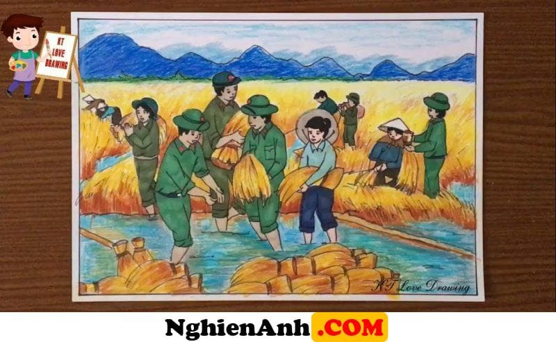 Vẽ tranh chú bộ đội giúp người dân gặt lúa