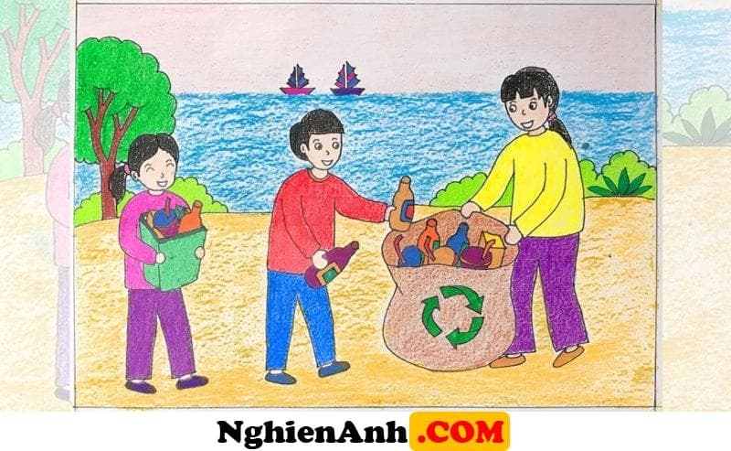 Vẽ tranh thiếu nhi làm nghìn việc tốt thu nhặt rác thải ven sông biển