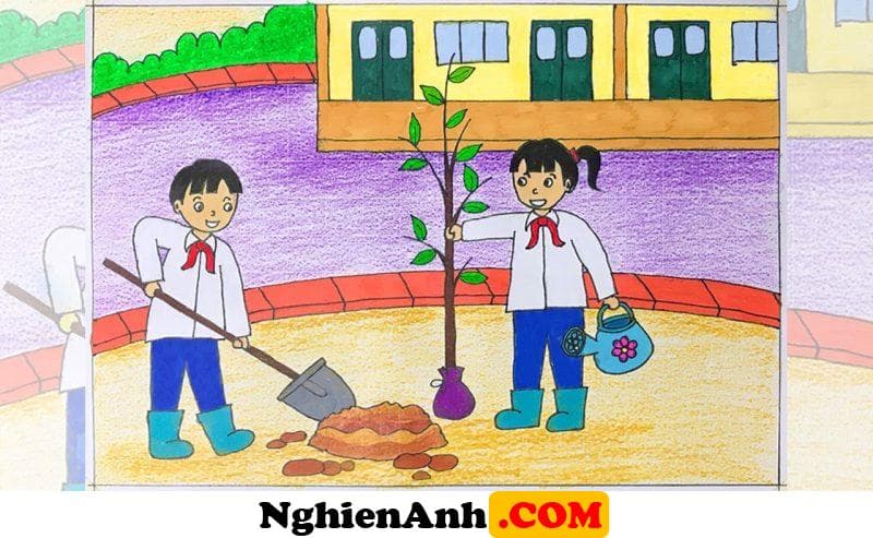 Vẽ tranh thiếu nhi làm nghìn việc tốt học sinh với ý thức trồng cây