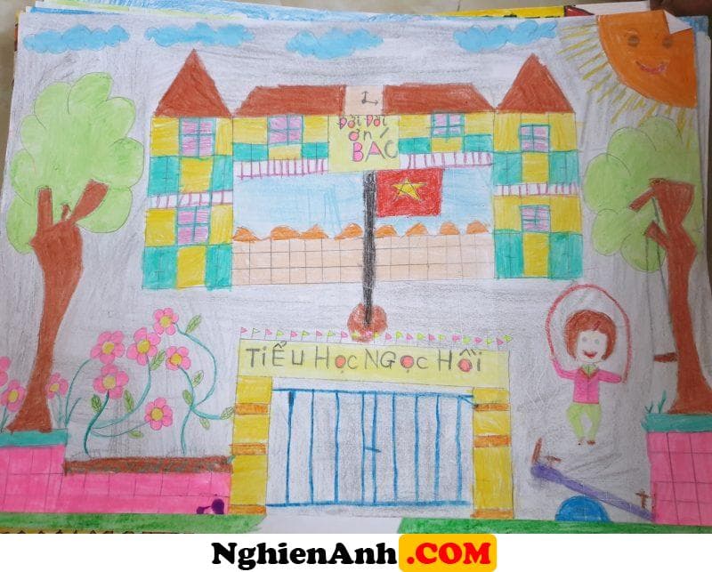 Vẽ Tranh Trường Học Hạnh Phúc đẹp của em học sinh tiểu học