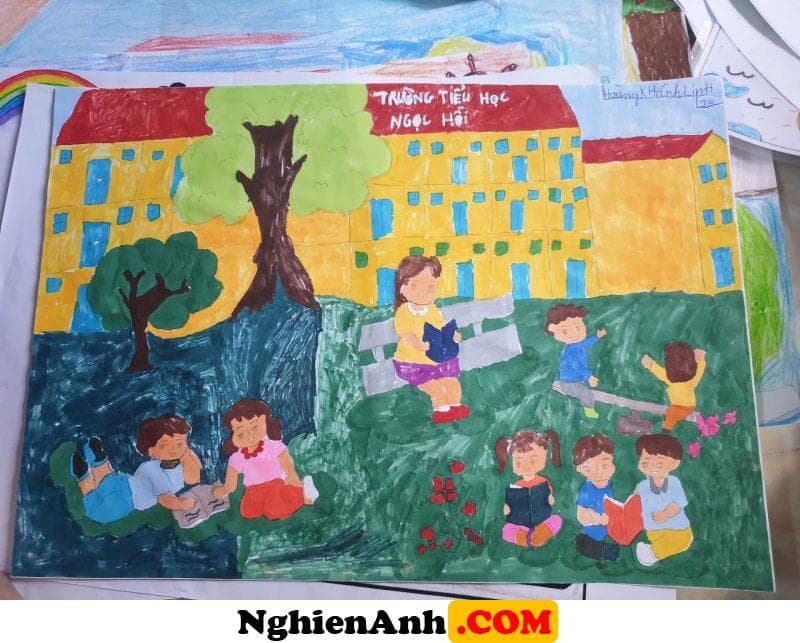 Vẽ Tranh Trường Học Hạnh Phúc cùng bạn đọc sách trong khuôn viên