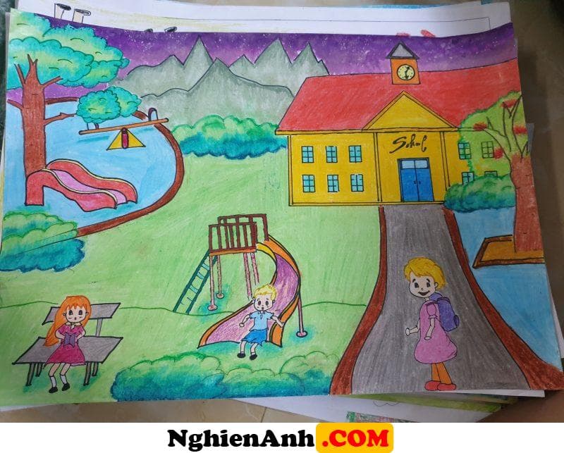 Vẽ Tranh Trường Học Hạnh Phúc với nhiều niềm vui khi đến trường