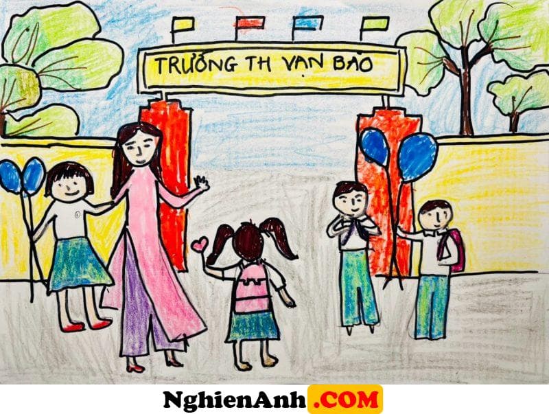 Vẽ Tranh Trường Học Hạnh Phúc học sinh vui vẻ bên cô giáo