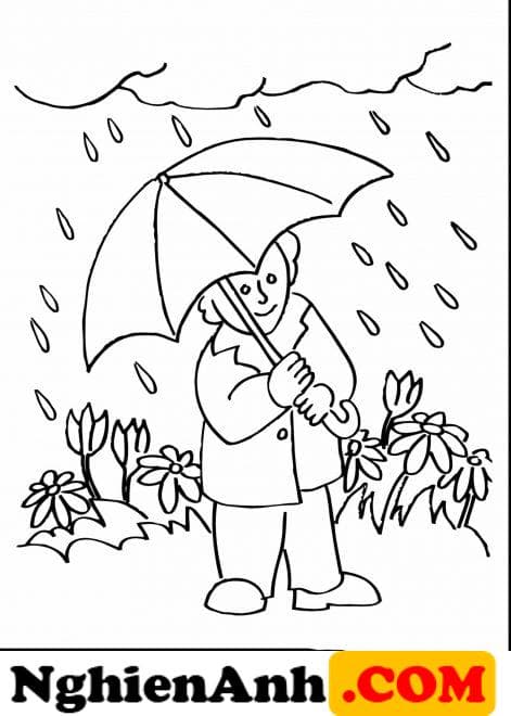 Tranh tô màu trời mưa và người cầm ô che