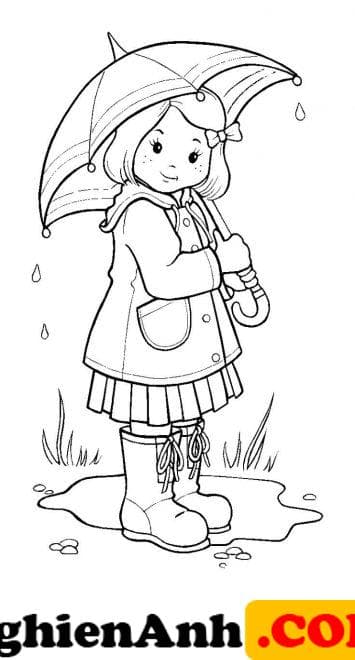 Tranh tô màu trời mưa bé gái che ô