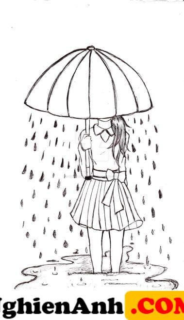 Tranh tô màu trời mưa cô gái và chiếc dù