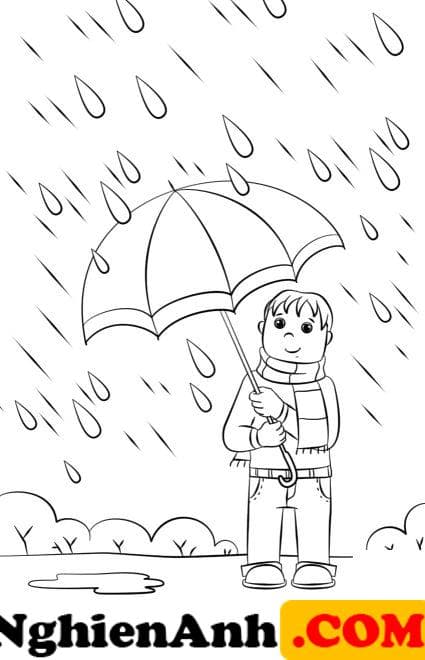 Tranh tô màu trời mưa cậu bé cầm dù