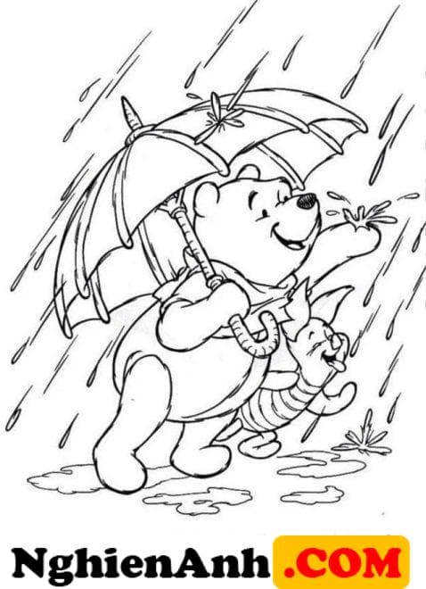 Tranh tô màu trời mưa chú gấu che ô